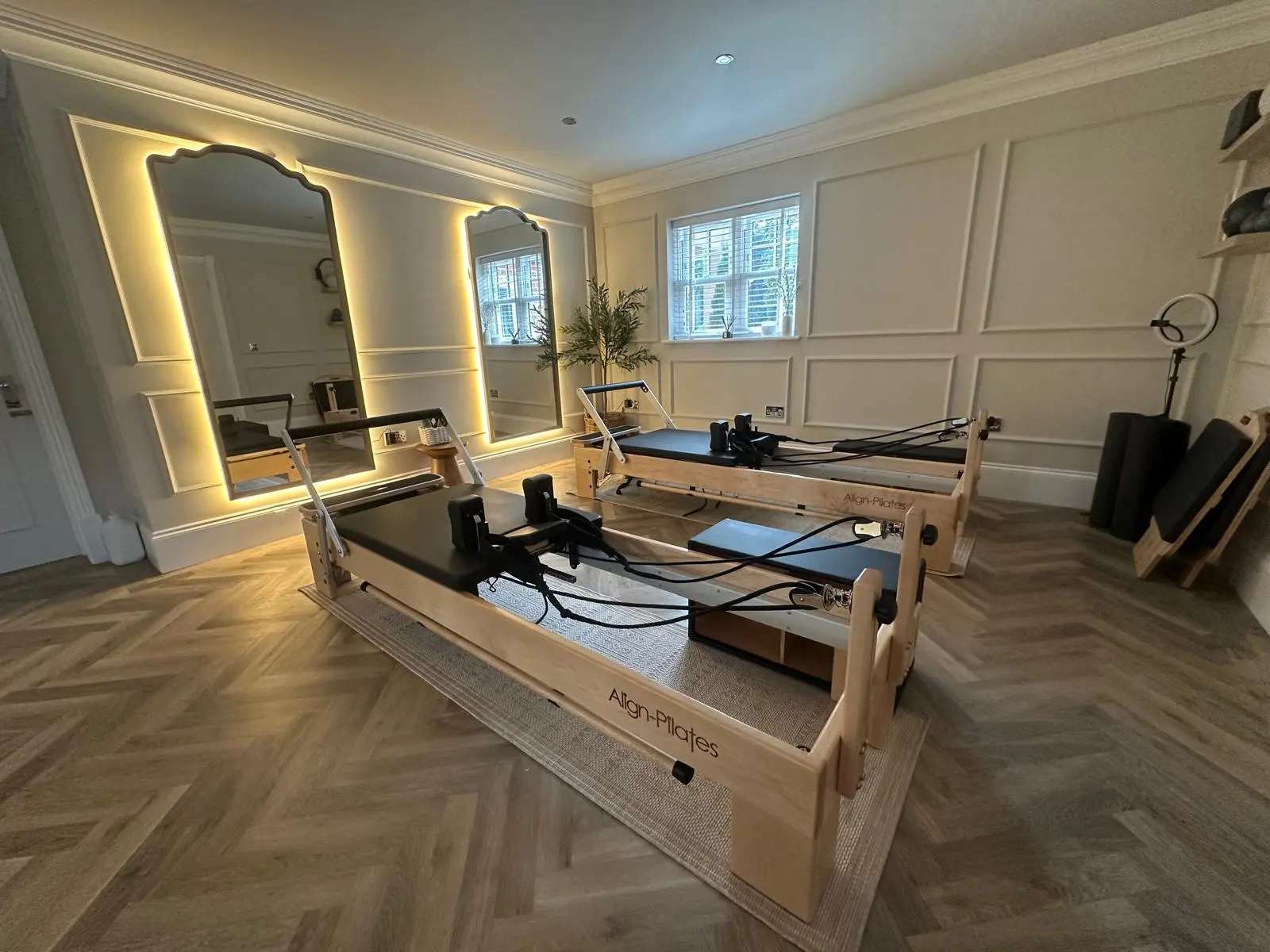 Two reformer Pilates beds in the private Rewind Pilates studio