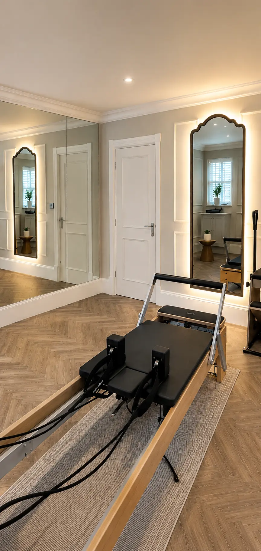 A reformer framed by the illuminated mirrors inside Rewind Pilates in Poole